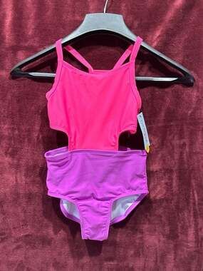 Girls' Sleeveless Colorblock Cut Out One Piece Swimsuit - Pink/Purple
C3